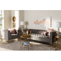 Baxton Studio TSF-7723-Grey/Gold-2PC Set Zanetta Glam and Luxe Gray Velvet Upholstered Gold Finished 2-Piece Sofa and Lounge Chair Set